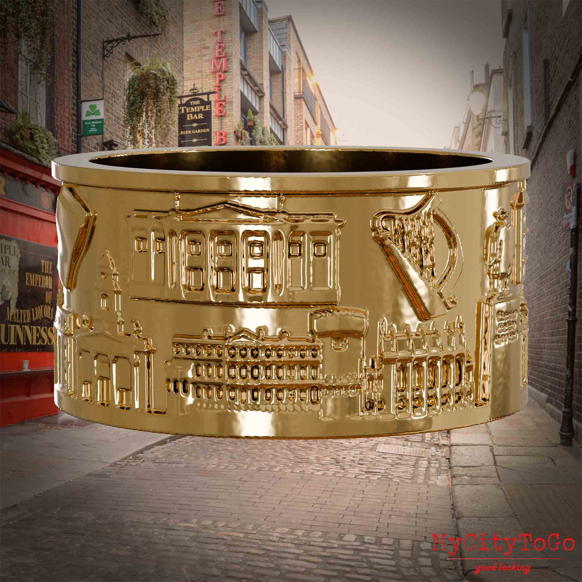Vergoldeter Ring mit Reliefs bekannter . Sehenswürdigkeiten der Stadt Dublin.. Den Hintergrund bildet eine Ansicht der Stadt Dublin.