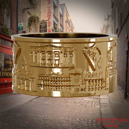 Vergoldeter Ring mit Reliefs bekannter . Sehenswürdigkeiten der Stadt Dublin.. Den Hintergrund bildet eine Ansicht der Stadt Dublin.