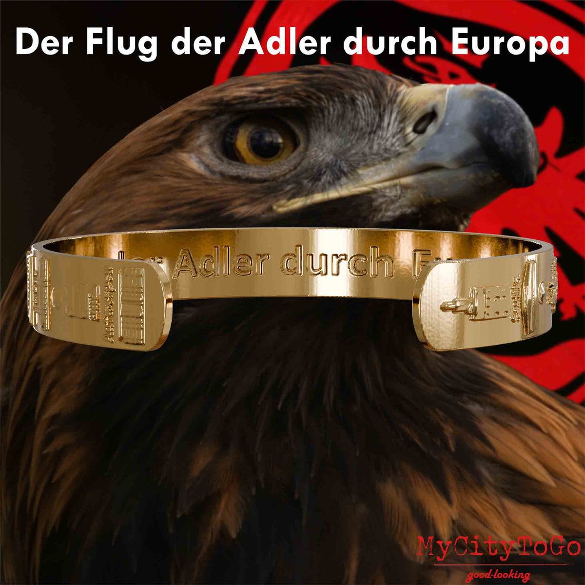 Innenseite eines vergoldeten Armreifs mit Reliefs der Stadien und Sehenswürdigkeiten der Spielorte während der Europa-League-Saison 21/22 von Frankfurt und einer Gravur des Schriftzuges Der Flug der Adler durch Europa mit einem Adlerkopf als Hintergrund