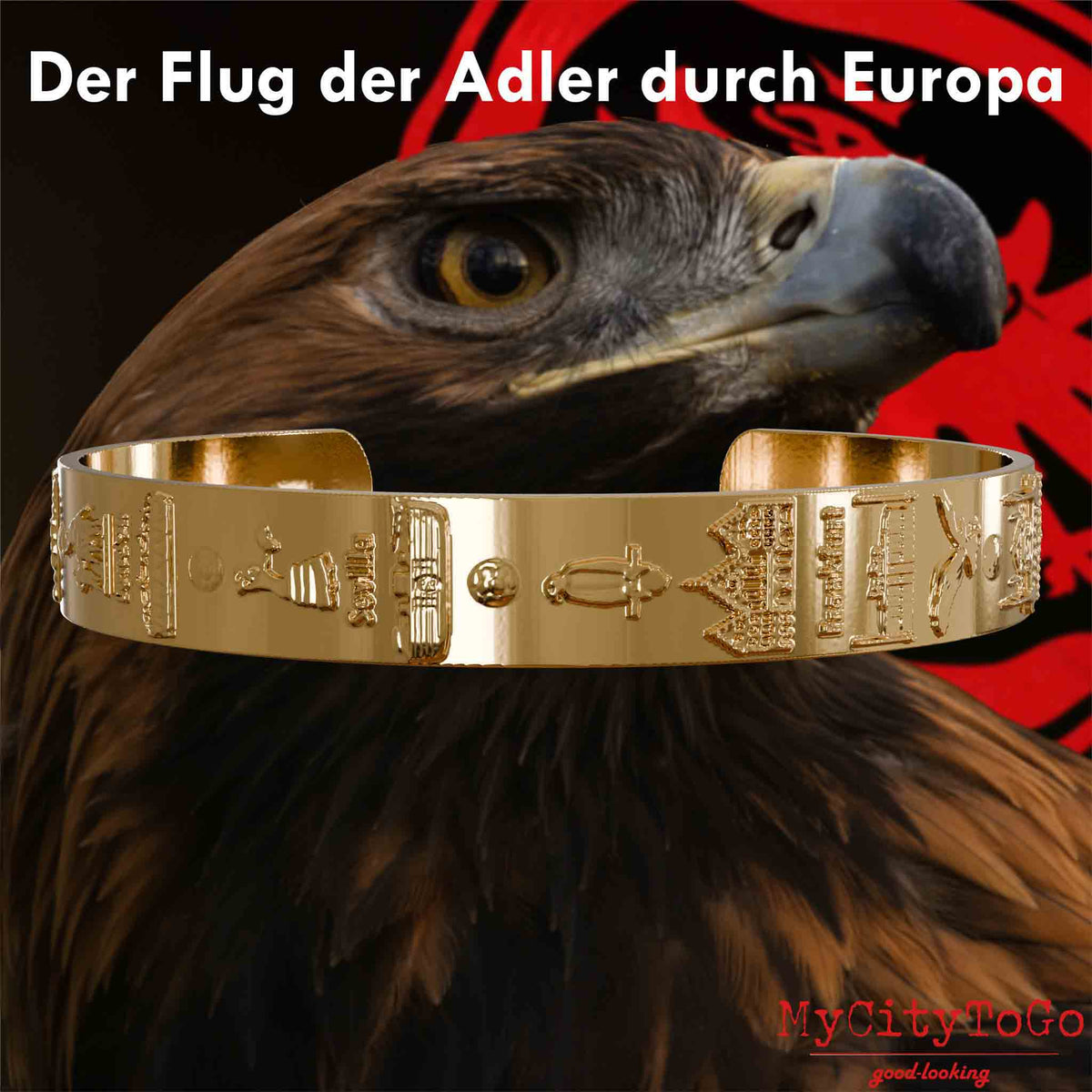 Vergoldeter Armreif mit Reliefs der Stadien und Sehenswürdigkeiten der Spielorte während der Europa-League-Saison 21/22 von Frankfurt mit einem Adlerkopf als Hintergrund