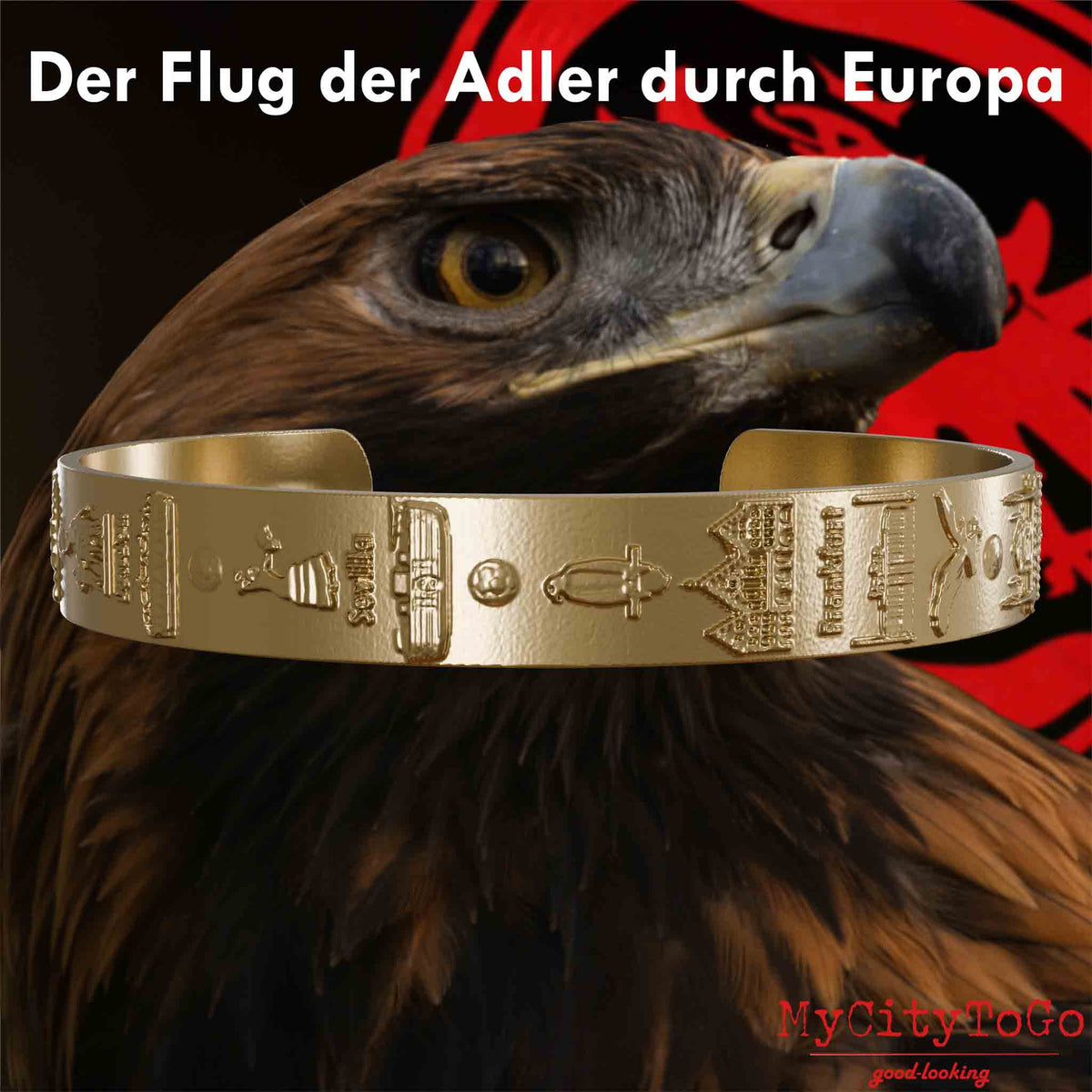 Armreif aus vergoldetem Edelstahl mit Reliefs der Stadien und Sehenswürdigkeiten der Spielorte während der Europa-League-Saison 21/22 von Frankfurt mit einem Adlerkopf als Hintergrund