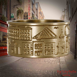 Ring aus vergoldetem Edelstahl mit Reliefs bekannter Sehenswürdigkeiten der Stadt Dublin. Den Hintergrund bildet eine Ansicht der Stadt Dublin.