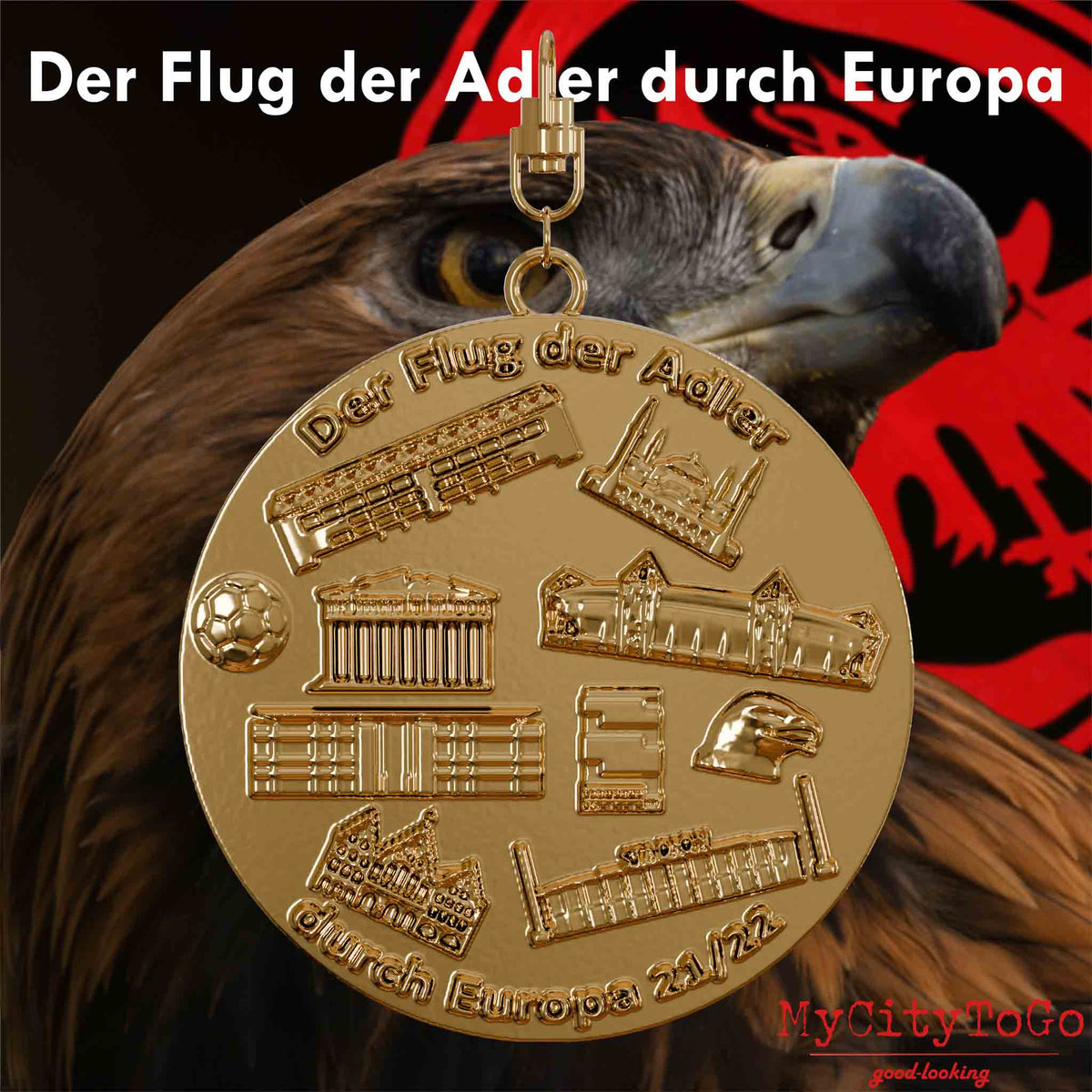 Versilberter Schmuckanhänger mit Reliefs von Stadien und Wahrzeichen der Spielorte der Gruppenphase der Frankfurter Europa-League-Saison 2021/22 auf der Rückseite
