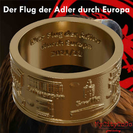 Ring aus vergoldetem Edelstahl mit Reliefs bekannter Sehenswürdigkeiten der Spielorte und Stadien der Frankfurter Europa-League-Saison 2021/22 und einer Gravur mit dem Text 