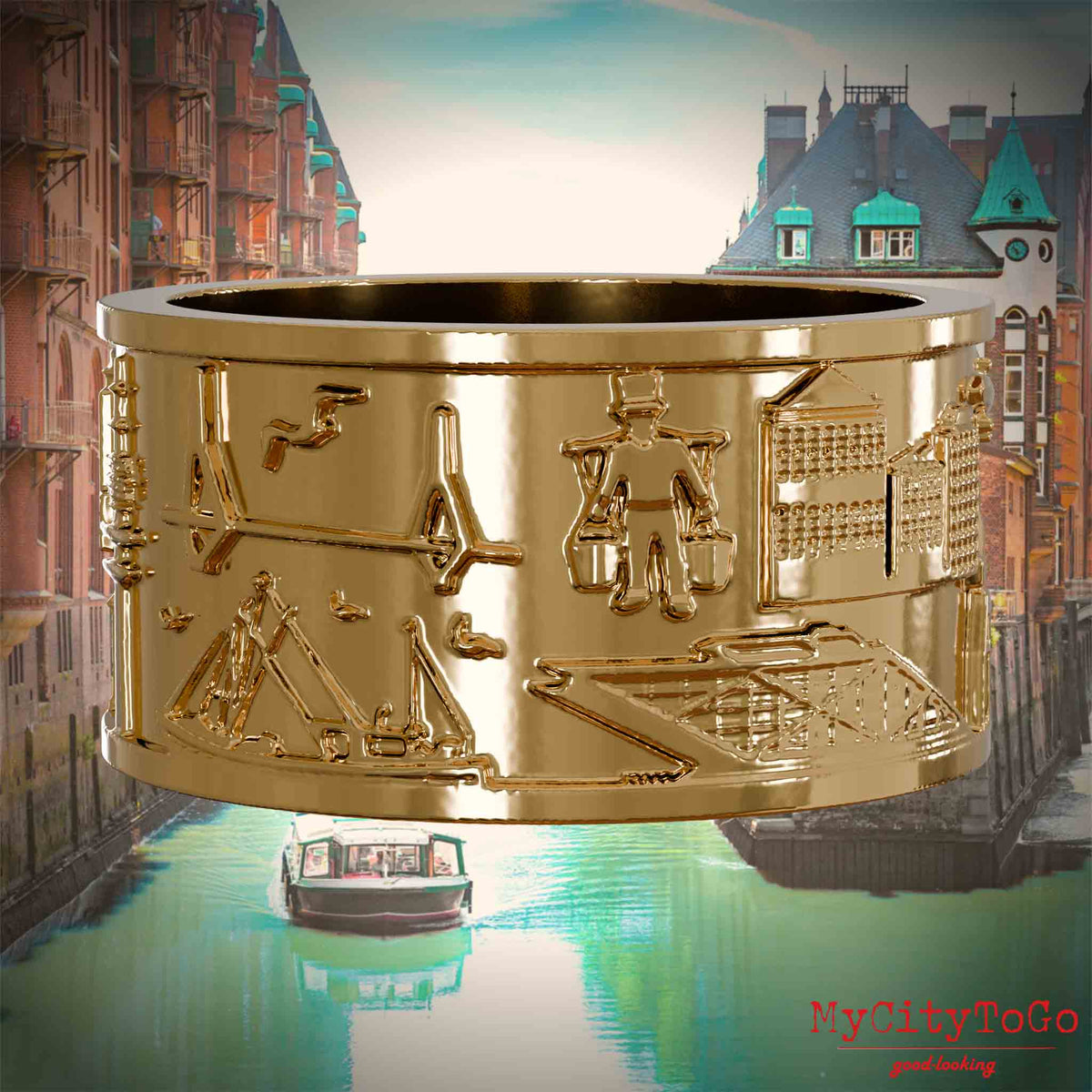 Vergoldeter Ring mit Reliefs bekannter Sehenswürdigkeiten der Stadt Hamburg. Den Hintergrund bildet eine Ansicht der Stadt Hamburg.