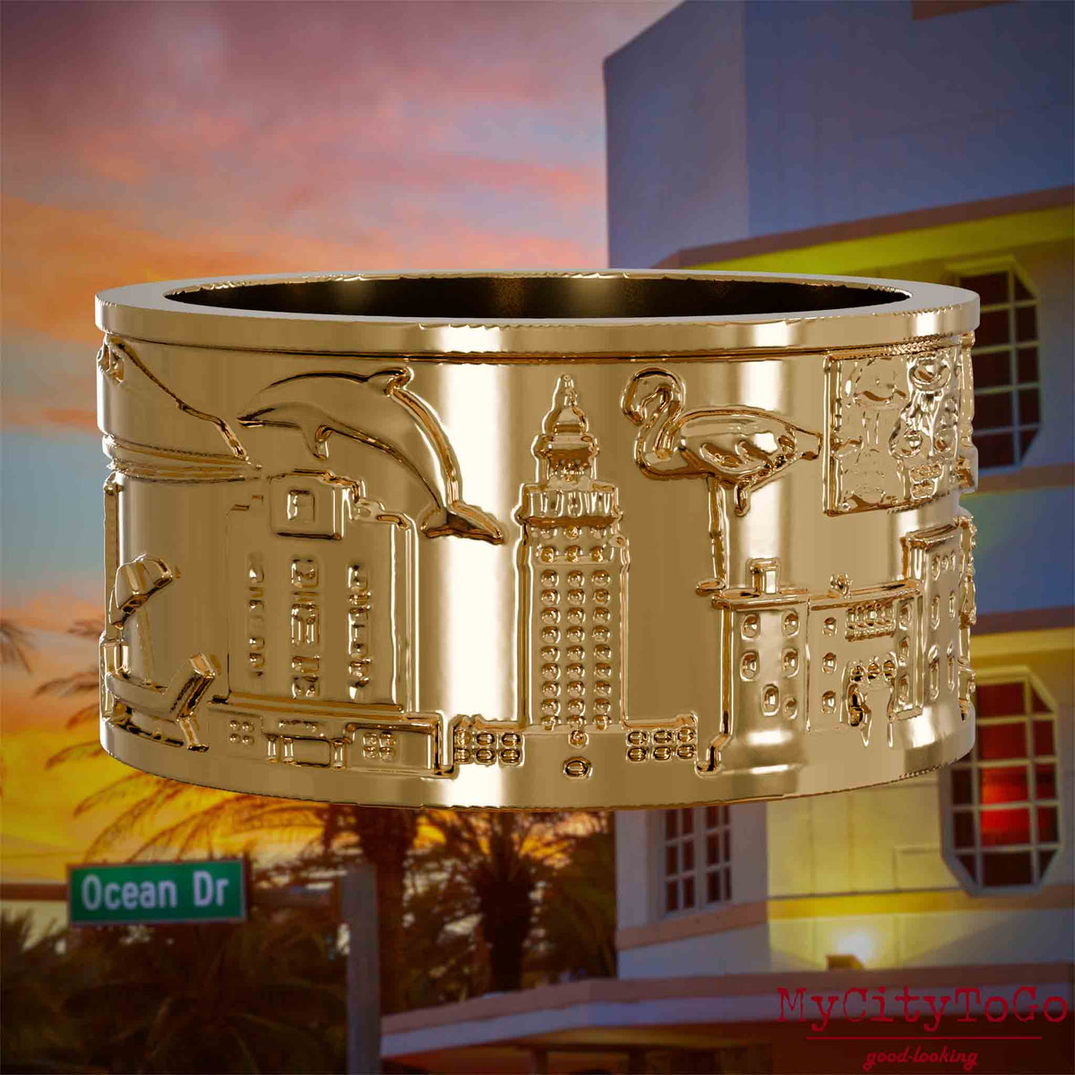 Vergoldeter Ring mit Reliefs bekannter Sehenswürdigkeiten der Stadt Miami. Den Hintergrund bildet eine Ansicht der Stadt Miami.