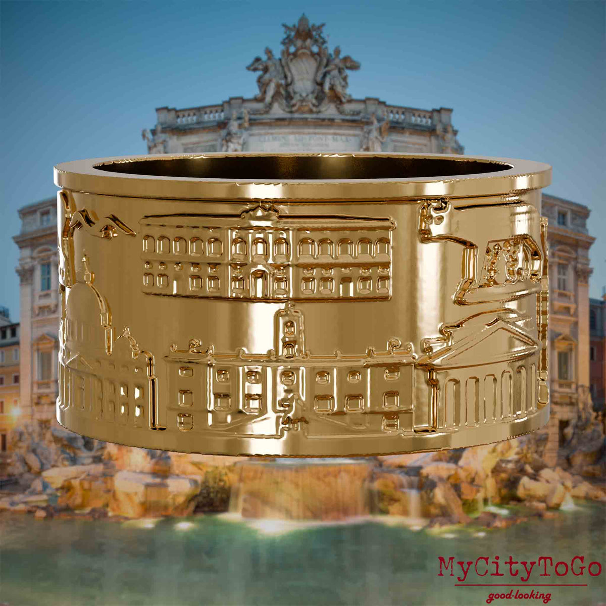 Vergoldeter Ring mit Reliefs bekannter Sehenswürdigkeiten der Stadt Rom. Den Hintergrund bildet eine Ansicht der Stadt Rom.