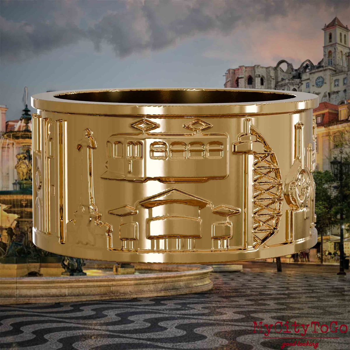 Vergoldeter Ring mit Reliefs bekannter Sehenswürdigkeiten der Stadt Lissabon. Den Hintergrund bildet eine Ansicht der Stadt Lissabon.