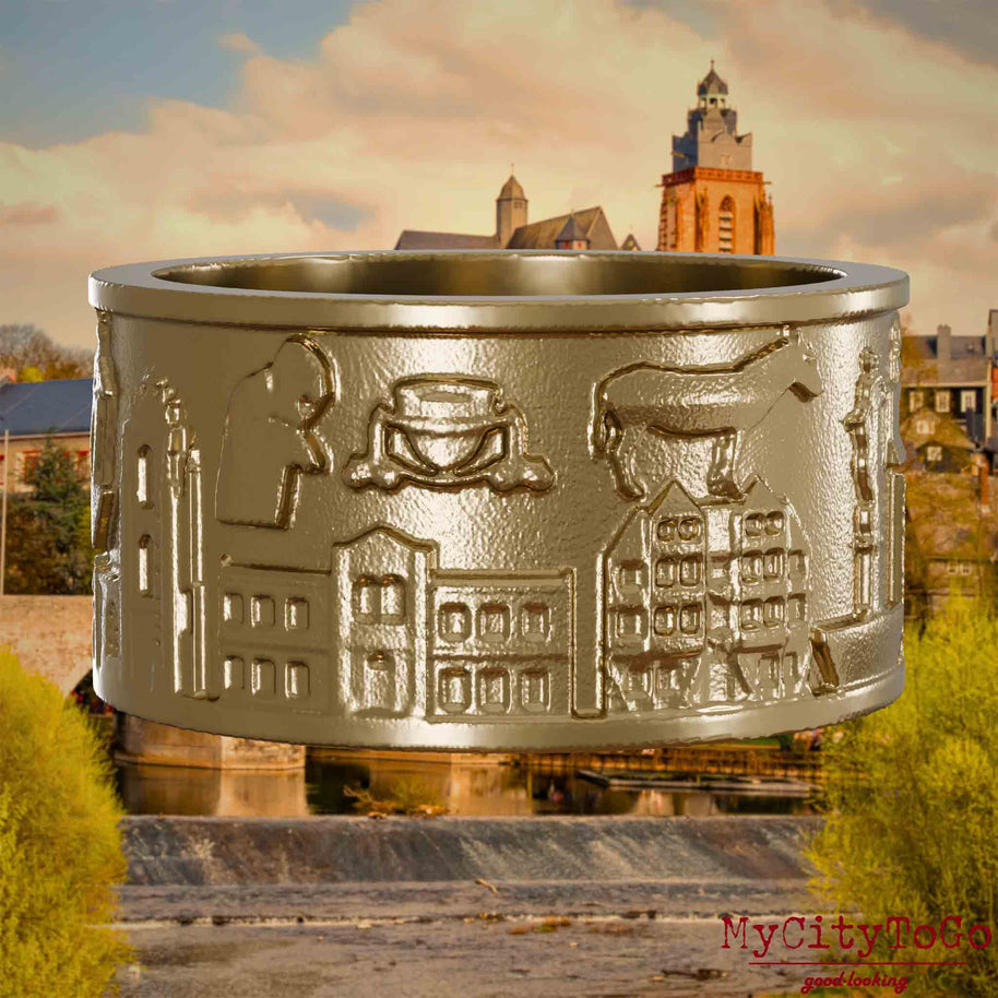 Ring aus vergoldetem Edelstahl mit Reliefs bekannter Sehenswürdigkeiten der Stadt Wetzlar. Den Hintergrund bildet eine Ansicht der Stadt Wetzlar.