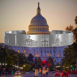 Armreif aus Edelstahl mit Reliefs bekannter Sehenswürdigkeiten der Stadt Washington. Den Hintergrund bildet eine Ansicht der Stadt Washington.