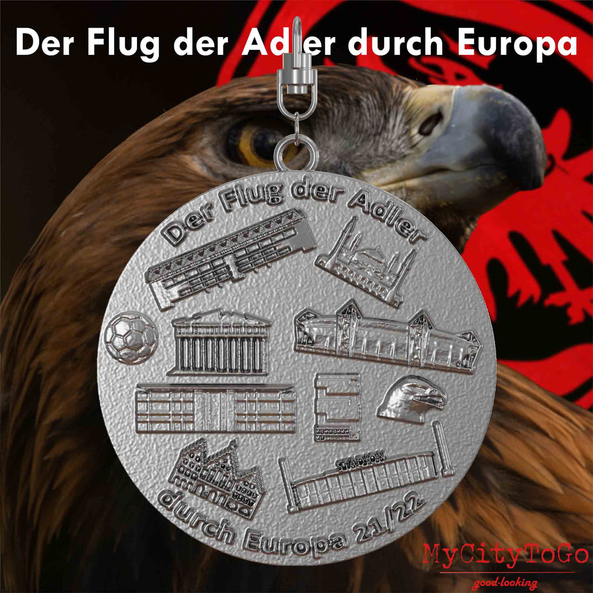 Schmuckanhänger aus Edelstahl mit Reliefs von Stadien und Wahrzeichen der Spielorte der Gruppenphase der Frankfurter Europa-League-Saison 2021/22 auf der Rückseite