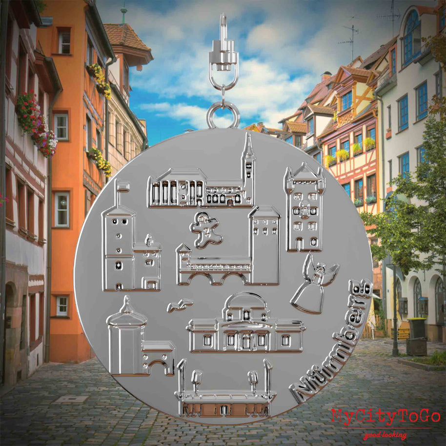 Halskette mit Drehwirbel und Rückseite eines silbernen Schmuckanhängers, auf dem Reliefs bekannter Sehenswürdigkeiten der Stadt Nürnberg abgebildet sind. Den Hintergrund bildet eine Ansicht der Stadt Nürnberg.