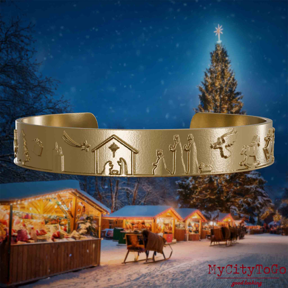 Armreif aus vergoldetem Edelstahl mit Reliefs weihnachtlicher Motive. Den Hintergrund bildet ein naechtliches Weihnachtsmotiv.
