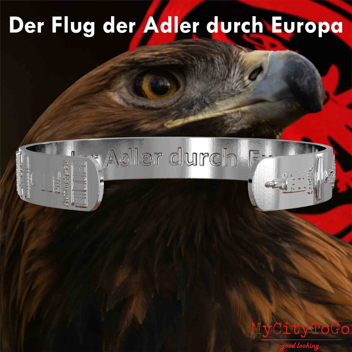Innenseite eines silbernen Armreifs mit Reliefs der Stadien und Sehenswürdigkeiten der Spielorte während der Europa-League-Saison 21/22 von Frankfurt und einer Gravur des Schriftzuges Der Flug der Adler durch Europa mit einem Adlerkopf als Hintergrund