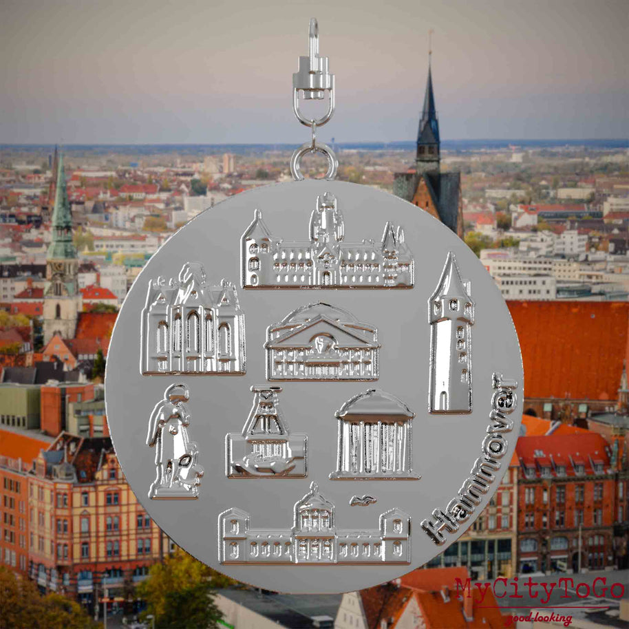 Halskette mit Drehwirbel und Vorderseite eines silbernen Schmuckanhängers, auf dem Reliefs bekannter Sehenswürdigkeiten der Stadt Hannover abgebildet sind. Den Hintergrund bildet eine Ansicht der Stadt Hannover .
