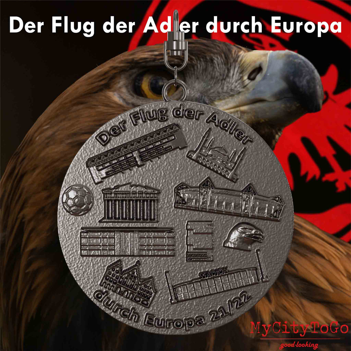 Schmuckanhänger aus Titan mit Reliefs von Stadien und Wahrzeichen der Spielorte der Gruppenphase der Frankfurter Europa-League-Saison 2021/22 auf der Rückseite